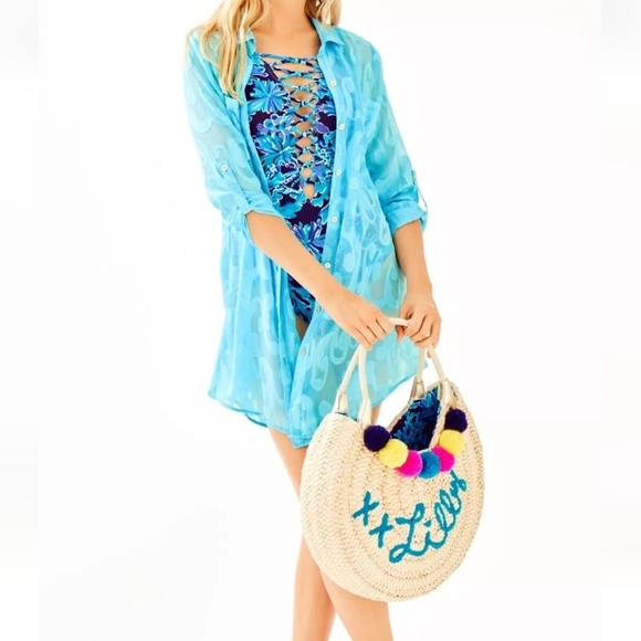 Lilly Pulitzer Positano Straw Tote – Colorful Pom Pom Summer Vibes ☀️ - Picture 9 of 11